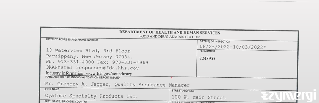 FDANews 483 Cyalume Specialty Products Inc. Oct 3 2022 top