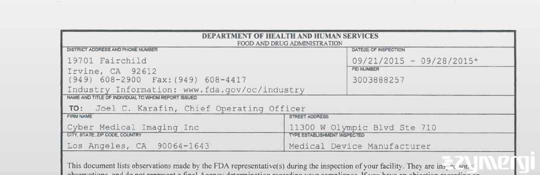 FDANews 483 Cyber Medical Imaging Inc Sep 28 2015 top
