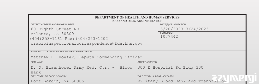 FDANews 483 D. D. Eisenhower Army Med. Ctr. - Blood Bank Mar 24 2023 top