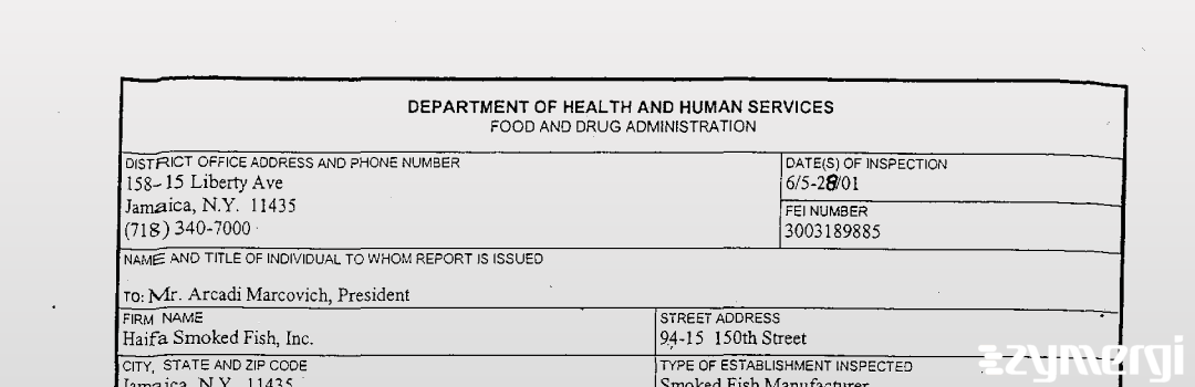 FDANews 483 D & M Smoked Fish, Inc. dba Haifa Smoked Fish Jun 28 2001 top