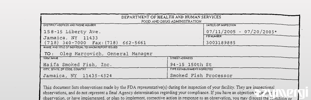 FDANews 483 D & M Smoked Fish, Inc. dba Haifa Smoked Fish Jul 20 2005 top