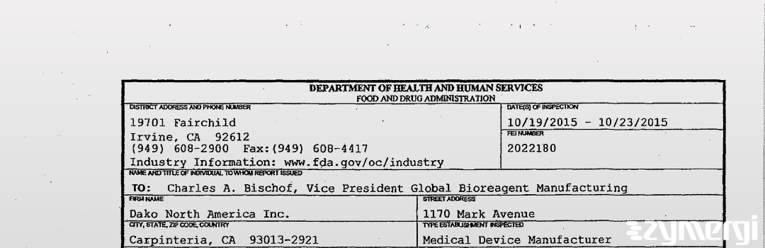 FDANews 483 Dako North America Inc. Oct 23 2015 top