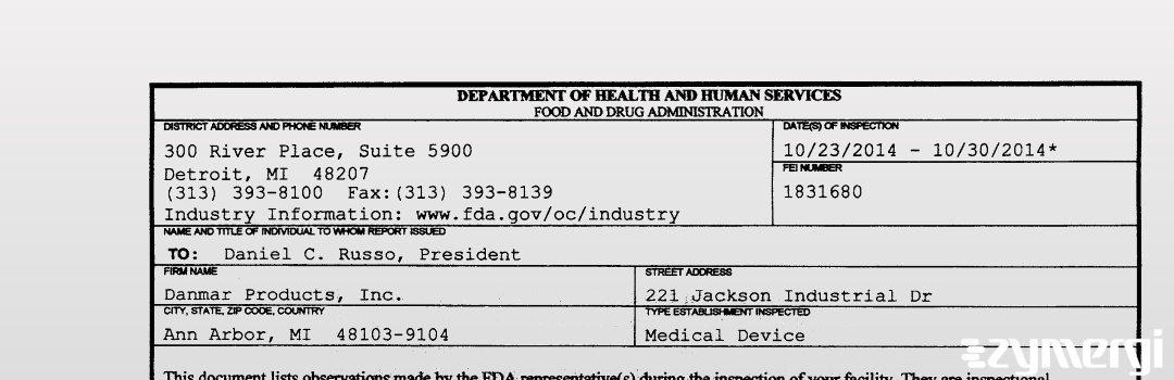 FDANews 483 Danmar Products, Inc. Oct 30 2014 top