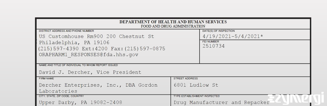 FDANews 483 Dercher Enterprises, Inc., DBA Gordon Laboratories May 4 2021 top