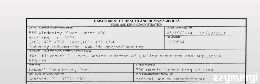 FDANews 483 DeRoyal Industries, Inc. May 22 2014 top