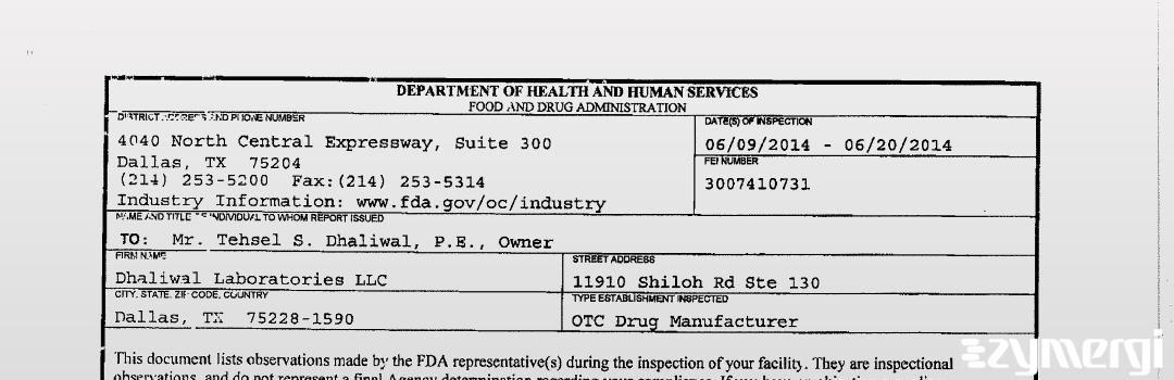 FDANews 483 Dhaliwal Laboratories LLC Jun 20 2014 top