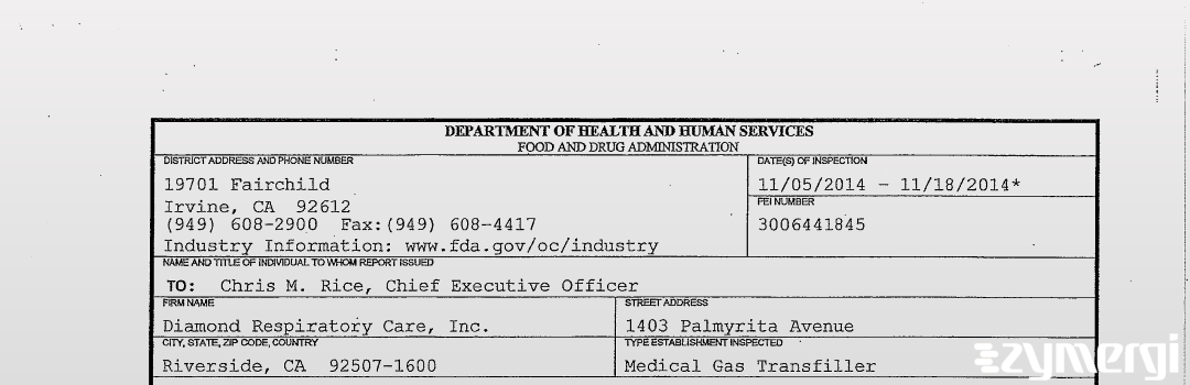 FDANews 483 Diamond Respiratory Care Inc Nov 18 2014 top