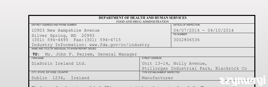 FDANews 483 DiaSorin Ireland Ltd. Apr 10 2014 top