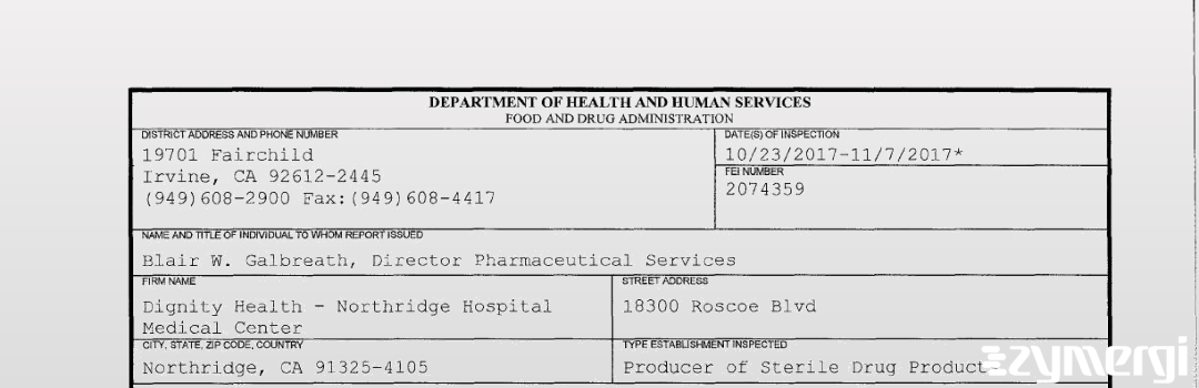 FDANews 483 Dignity Health - Northridge Hospital Medical Center Nov 7 2017 top