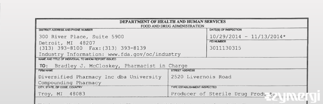 FDANews 483 Diversified Pharmacy Inc dba University Compounding Pharmacy Nov 13 2014 top