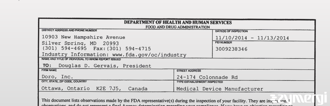 FDANews 483 DORO INC ( O/S DORO SAFETY & SECURITY) Nov 13 2019 top
