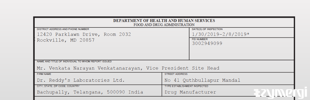 FDANews 483 Dr. Reddy's Laboratories Ltd. Feb 8 2019 top