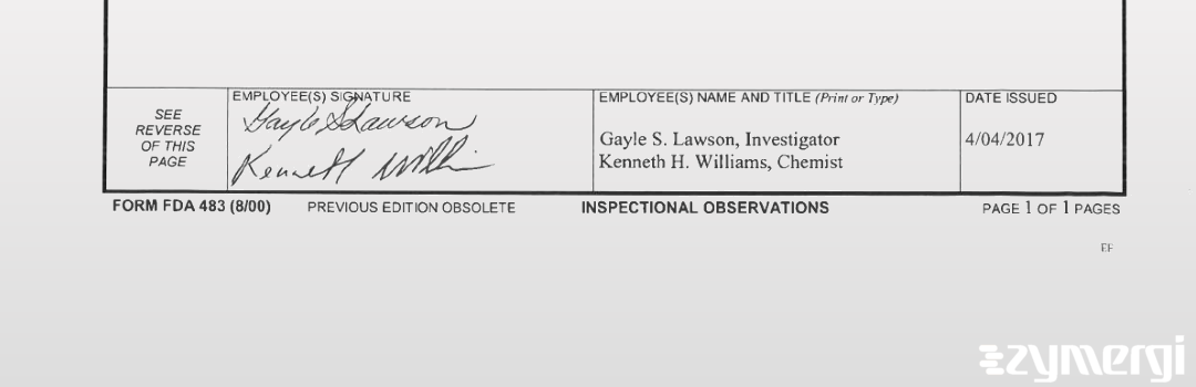 Gayle S. Lawson FDA Investigator Kenneth H. Williams FDA Investigator 