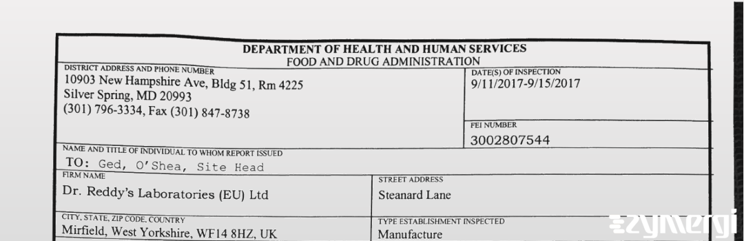 FDANews 483 Dr. Reddy's Laboratories (EU) Ltd. Sep 15 2017 top