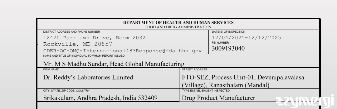 FDANews 483 Dr. Reddy's Laboratories Limited Dec 12 2025 top