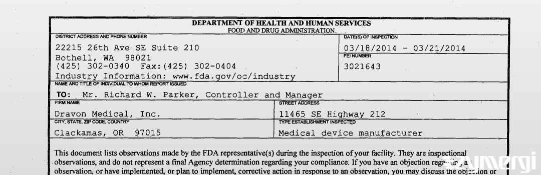 FDANews 483 Dravon Medical, Inc. Mar 21 2014 top