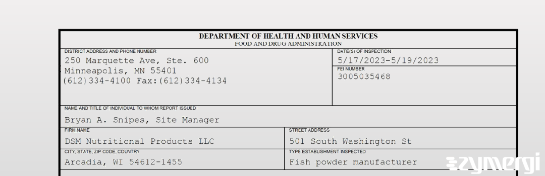 FDANews 483 DSM Nutritional Products LLC May 19 2023 top
