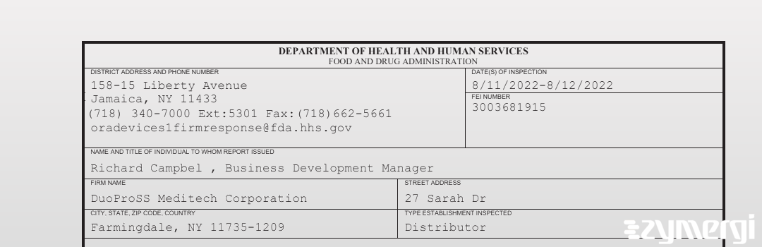 FDANews 483 DuoProSS Meditech Corporation Aug 12 2022 top