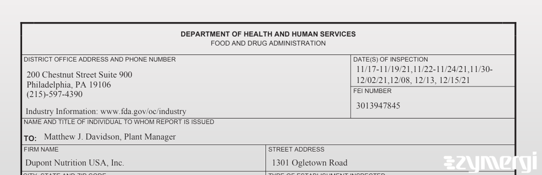 FDANews 483 DuPont Nutrition USA, Inc Dec 15 2021 top