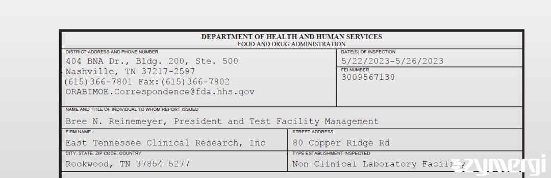 FDANews 483 East Tennessee Clinical Research, Inc May 26 2023 top