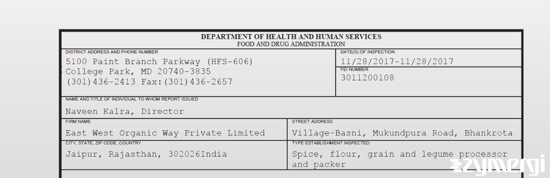 FDANews 483 East West Organic Way Private Limited Nov 28 2017 top