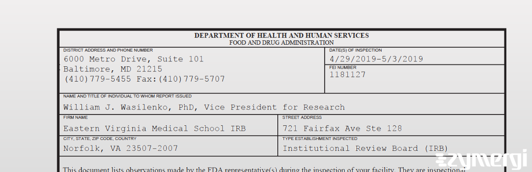 FDANews 483 Eastern Virginia Medical School IRB May 3 2019 top