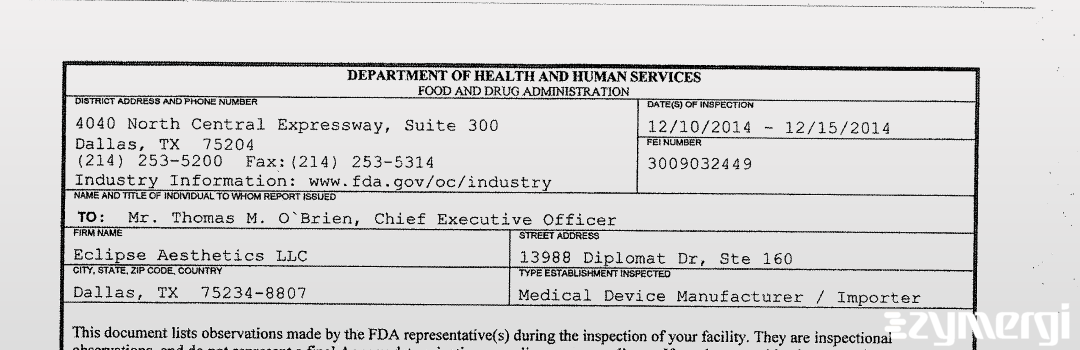 FDANews 483 Eclipse Aesthetics LLC Dec 15 2014 top