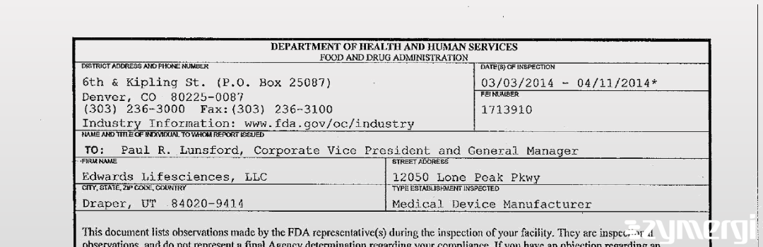 FDANews 483 Edwards Lifesciences, LLC Apr 11 2014 top