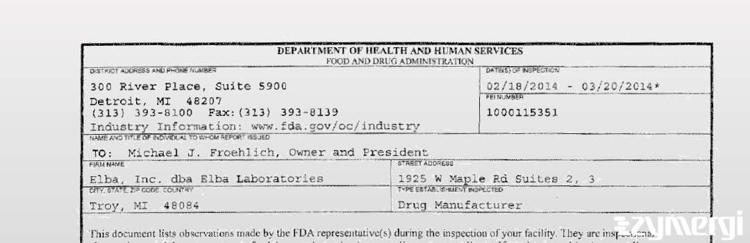 FDANews 483 Elba, Inc. dba Elba Laboratories Mar 20 2014 top