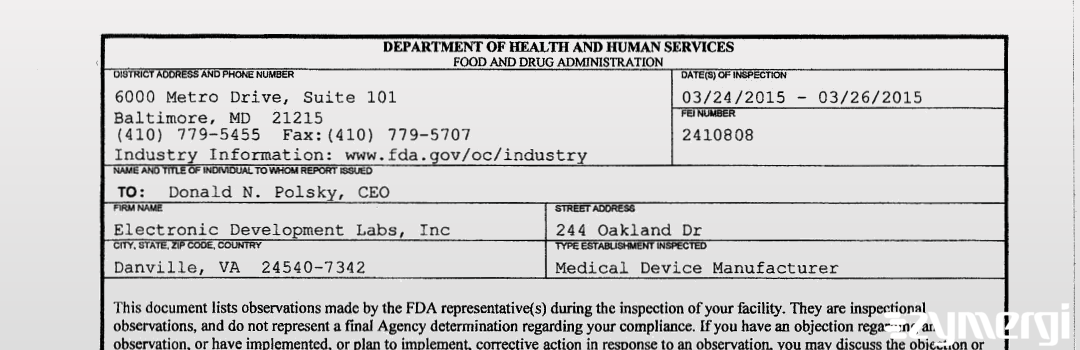 FDANews 483 Electronic Development Labs, Inc Mar 26 2015 top