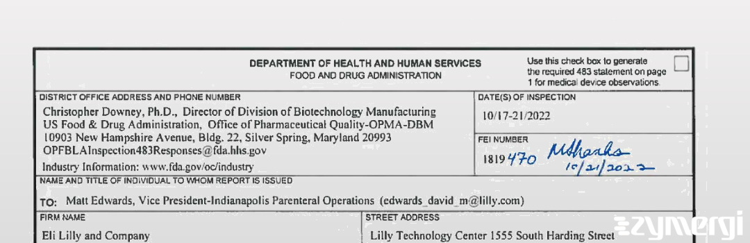 FDANews 483 Eli Lilly & Company Oct 21 2022 top