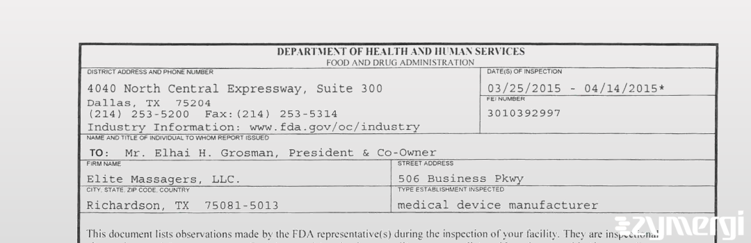 FDANews 483 Elite Massagers, LLC. Apr 14 2015 top