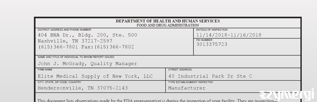 FDANews 483 Elite Medical Supply of New York, LLC Nov 16 2018 top