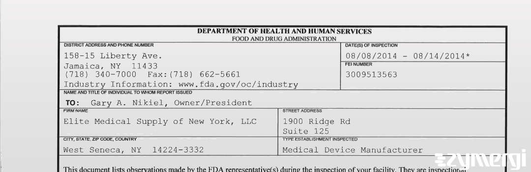 FDANews 483 Elite Medical Supply of New York, LLC Aug 14 2014 top