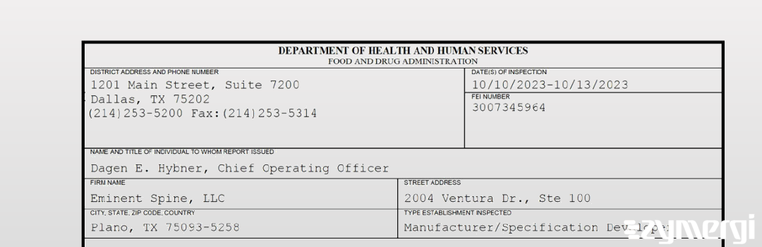 FDANews 483 Eminent Spine, LLC Oct 13 2023 top