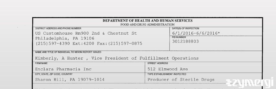 FDANews 483 Enclara Pharmacia Inc Jun 6 2016 top