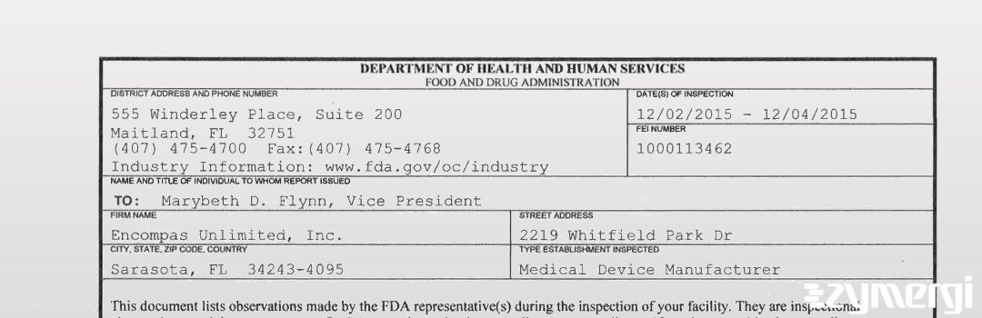 FDANews 483 Encompas Unlimited, Inc. Dec 4 2015 top