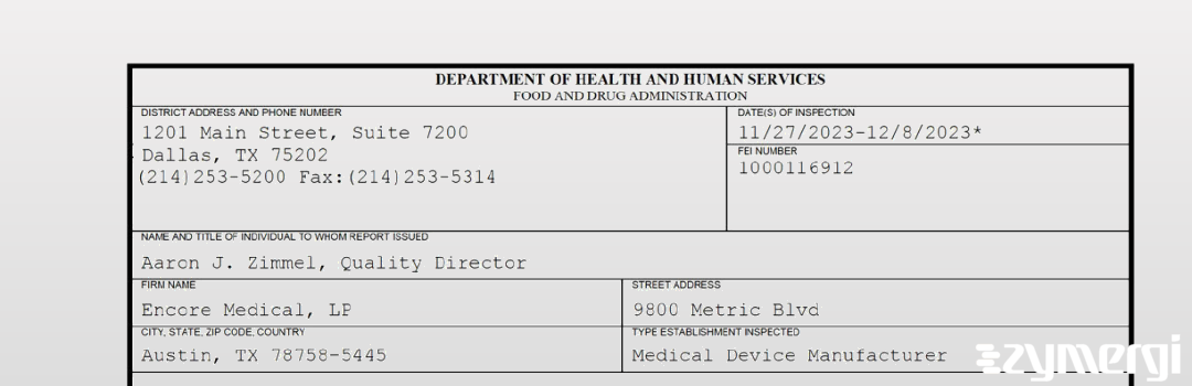 FDANews 483 Encore Medical, LP Dec 8 2023 top