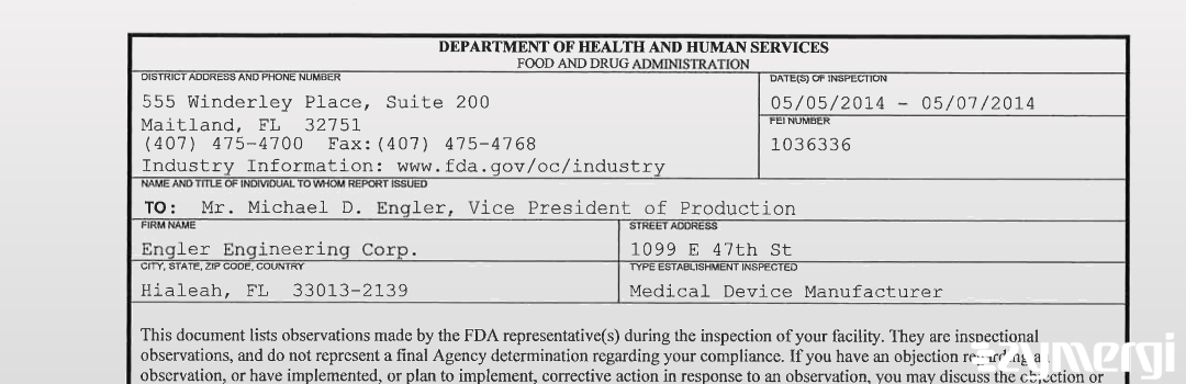 FDANews 483 Engler Engineering Corp. May 7 2014 top