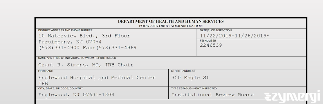 FDANews 483 Englewood Hospital and Medical Center IRB Nov 26 2019 top