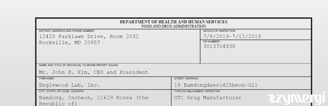FDANews 483 Englewood Lab, Inc. Jul 12 2019 top