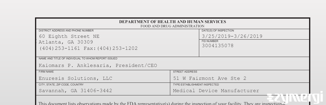 FDANews 483 Enuresis Solutions, LLC Mar 26 2019 top