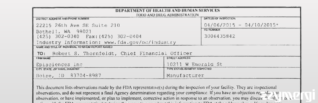 FDANews 483 Episciences Inc Apr 10 2015 top