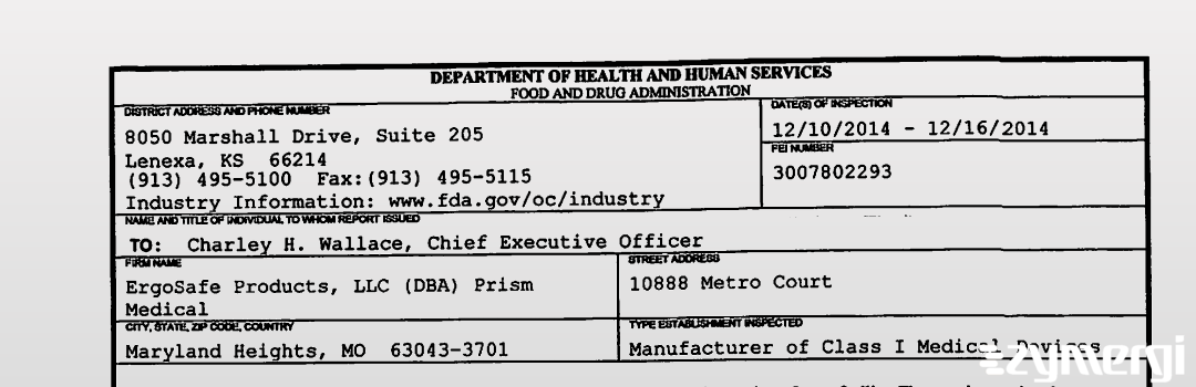 FDANews 483 ErgoSafe Products, LLC (DBA) Prism Medical Dec 16 2014 top