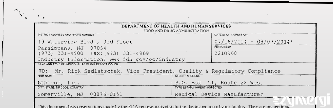 FDANews 483 Ethicon, Inc. Aug 7 2014 top