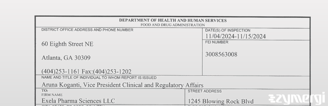 FDANews 483 Exela Pharma Sciences LLC Nov 15 2024 top