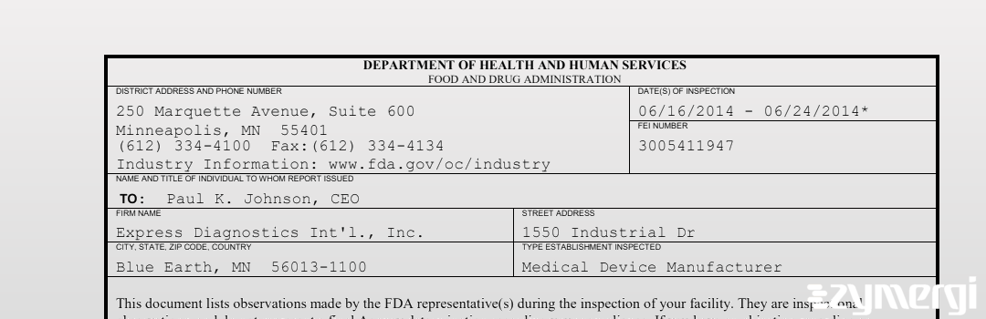 FDANews 483 Express Diagnostics Int'l., Inc. Jun 24 2014 top