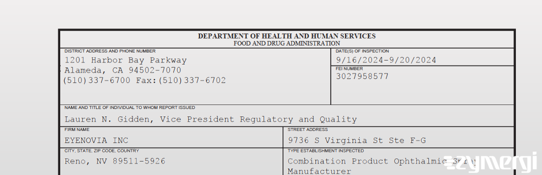 FDANews 483 Eyenovia, Inc. Sep 20 2024 top