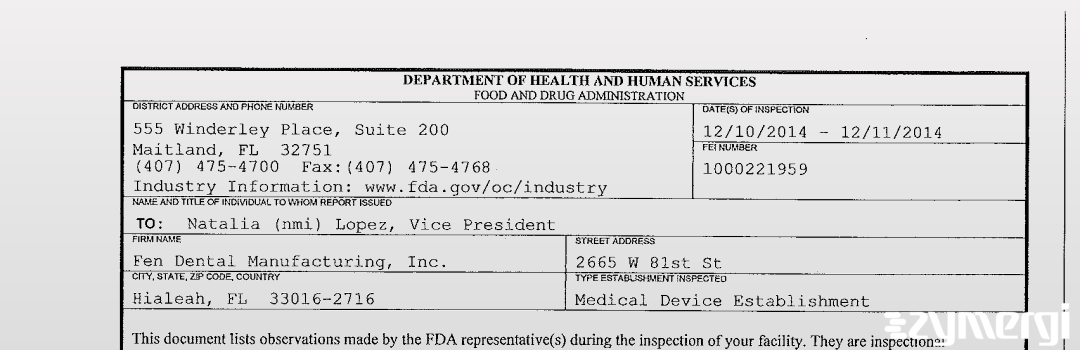 FDANews 483 Fen Dental Manufacturing, Inc. Dec 11 2014 top