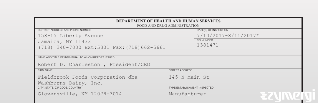 FDANews 483 Fieldbrook Foods Corporation Aug 11 2017 top